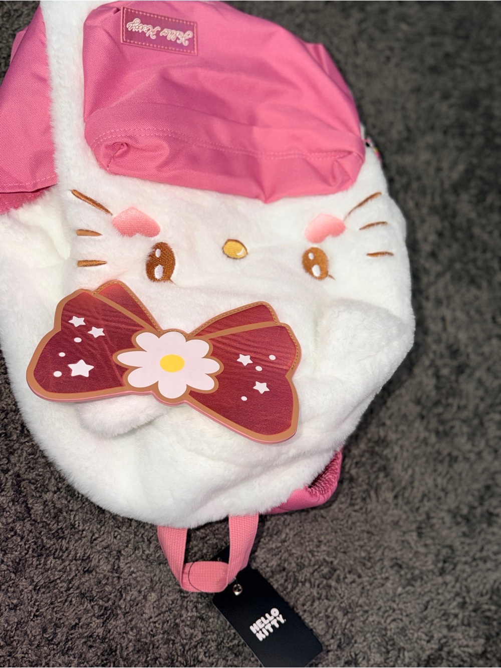 Hello Kitty White Plush Backpack with Pink Accents and Decorative Bow